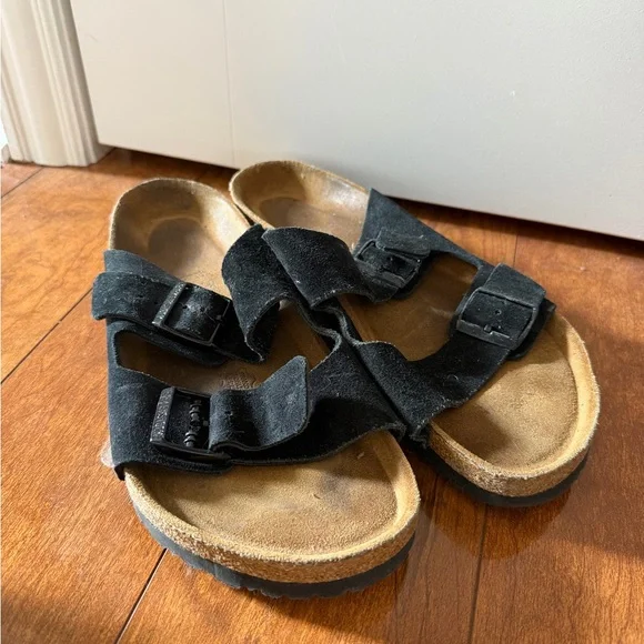 Black Suede Birkenstock Slide Sandals 42 soft footbed - Picture 1 of 6